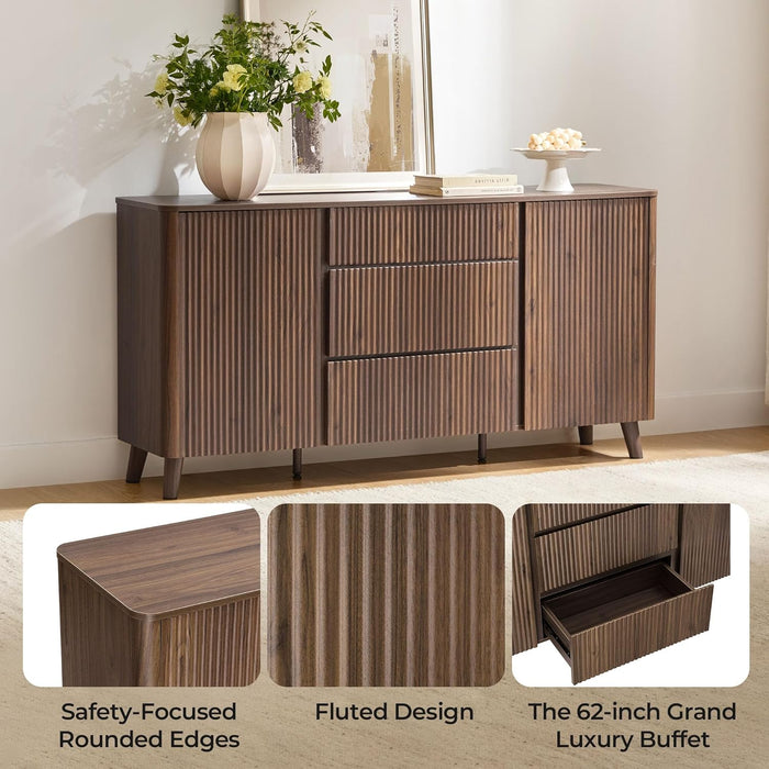 62" Sideboard Buffet Cabinet with Storage, Living Room Accent Cabinet with Drawers, Doors and Adjustable Shelves, for Bar, Kitchen, Walnut