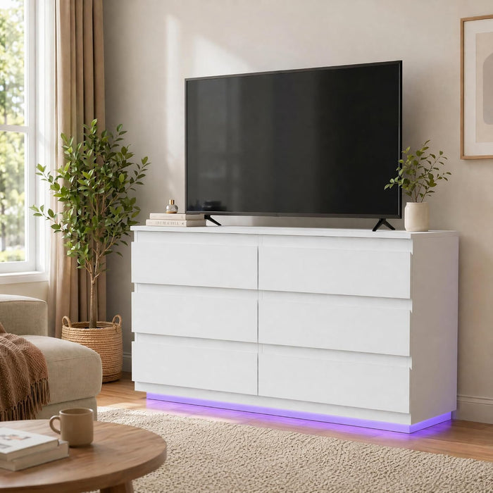 White 6 Drawer Dresser with Led Light and Charging Station for Bedroom