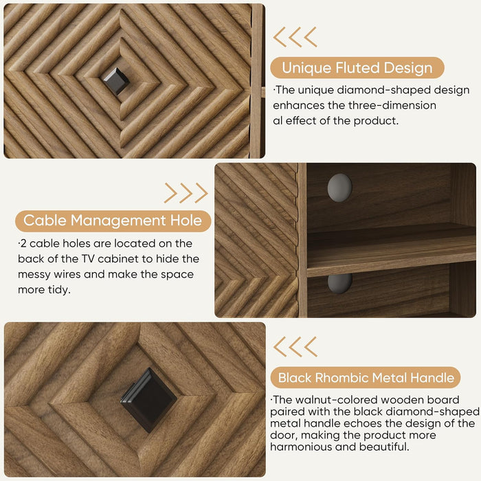 Walnut TV Stand with Fluted Diamond Doors, 55.12" Mid Century Modern TV Media Console for Tvs up to 65", TV Cabinet with Adjustable Shelf & 2 Cabinets for Living Room