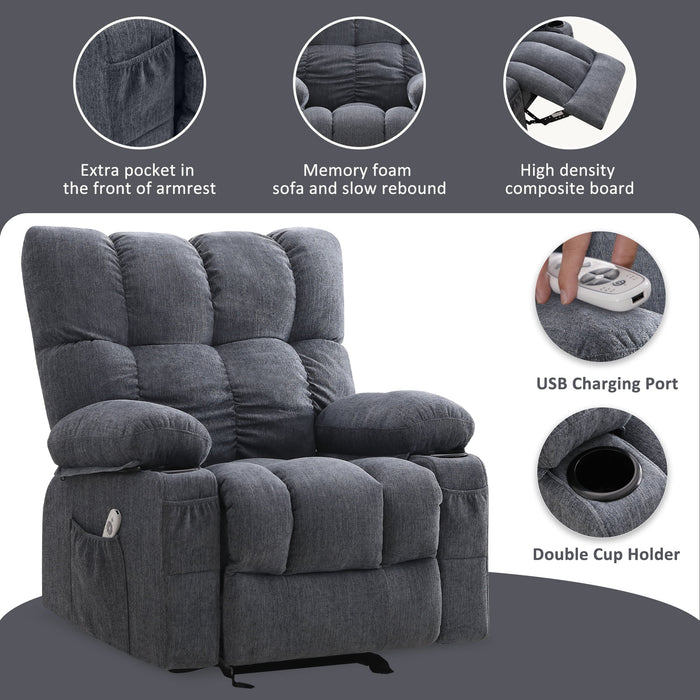 Manual Recliner Chair with Heat Therapy and Massage Function, Heavy Duty Reclining Mechanism Massage Chair, Elderly Single Rocker Sofa with Cup Holders for Bedroom Home Theater,Blue