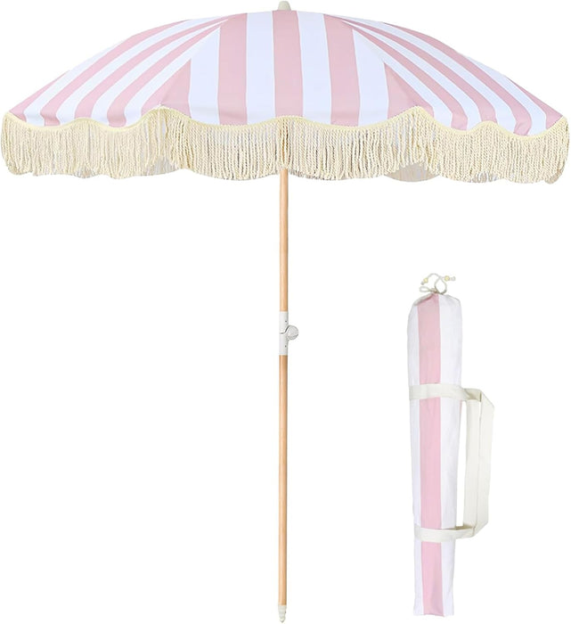 Boho Outdoor Umbrella with Tassels,6Ft Table Umbrella Outdoor Patio with Knobs Tilt,Wind Resistant Portable Beach Umbrella UPF50+ Fringe Umbrellas for Pool Backyard Deck Garden