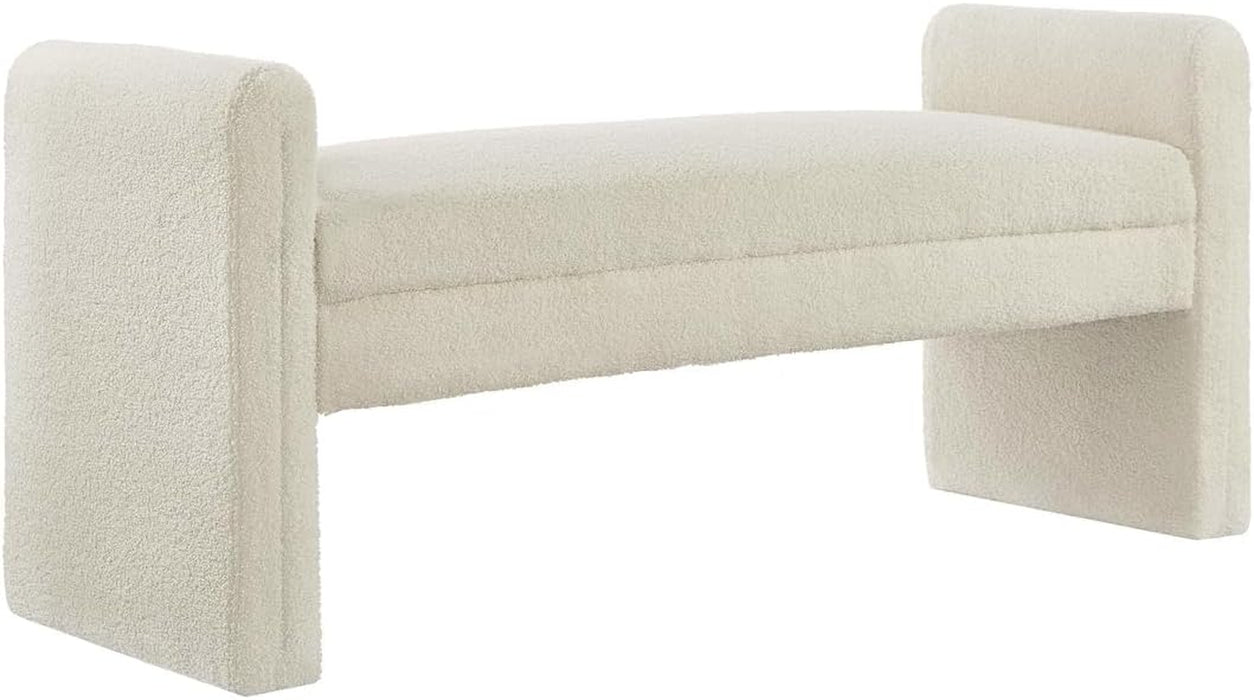 Modern Upholstered Bed Bench Covered with Soft Boucle Teddy Fabric, Lovely Entryway Bench Ottoman with Armrest,5062-Cream