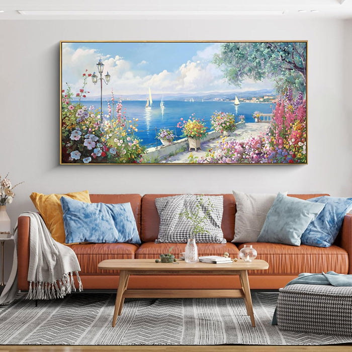 Large Coastal Wall Art - Ocean Seascape Canvas Yellow Green Flowers Painting Landscape Sailboat Picture Artwork Modern Large Framed for Living Room Bedroom Home Office Decor 58X29 Inches