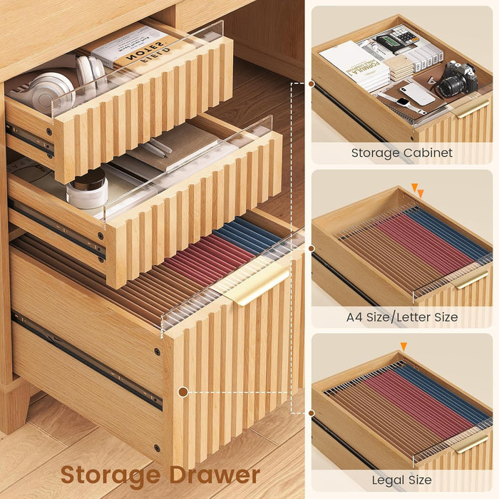 55.1" Fluted Office Desk with 6 Drawers, Modern Executive Desk with Acrylic File Drawers, Computer Desk with Power Outlets for Home Office and Study, Natrual