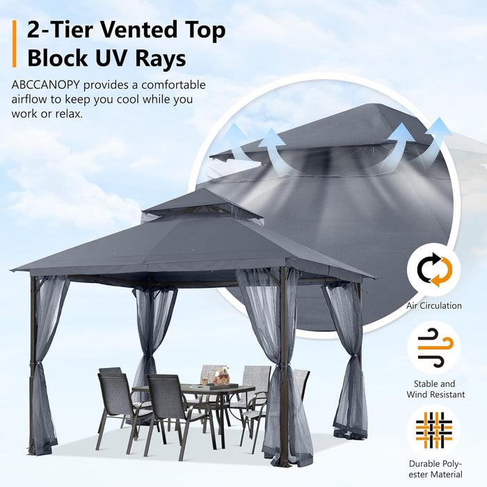 Outdoor Patio Gazebo 11X11 - Double Roof Canopy with Mosquito Netting for Backyard, Deck, Garden, Lawn, Dark Gray