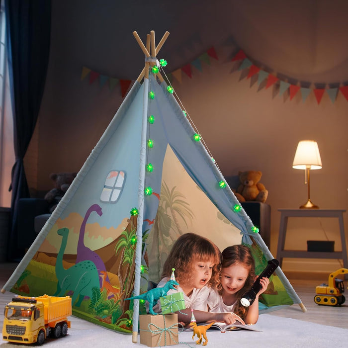 Teepee Tent for Kids, Toddlers Dinosaur Play Tent with LED String Lights, Foldable Children Teepee Tent Toy W/Storage Bag, Indoor Outdoor Pretend Playhouse Gift for Boys Girls Ages 3+