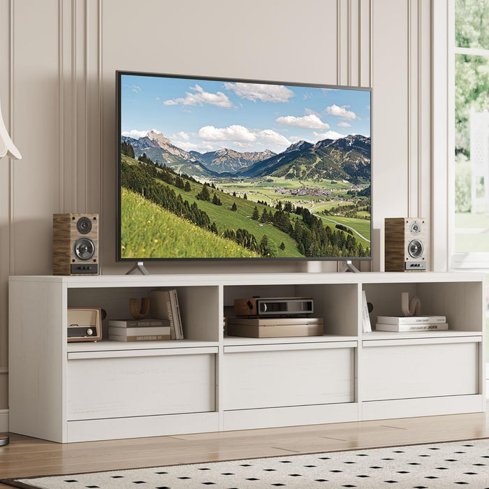 70In TV Stand for Tvs up to 85", Mid Century Modern Entertainment Center with Storage Drawer & Open Shelves, Heavy Duty Media Console for Living Room and Bedroom, White