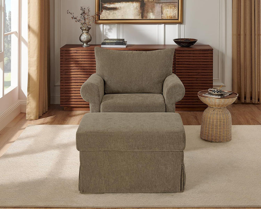 Brown Chenille Accent Chair With Substantial Ottoman