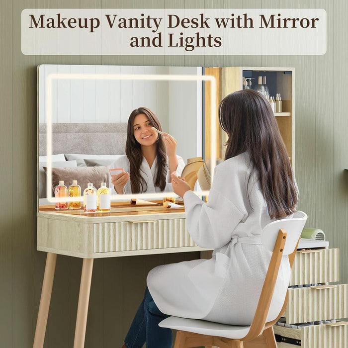Fluted Makeup Vanity Desk with Mirror and Lights, Modern Glass Top Vanity Table with Charging Station, 5 Drawers & Shelves, 3 Color Modes, Wood Dressing Table for Bedroom, Oak
