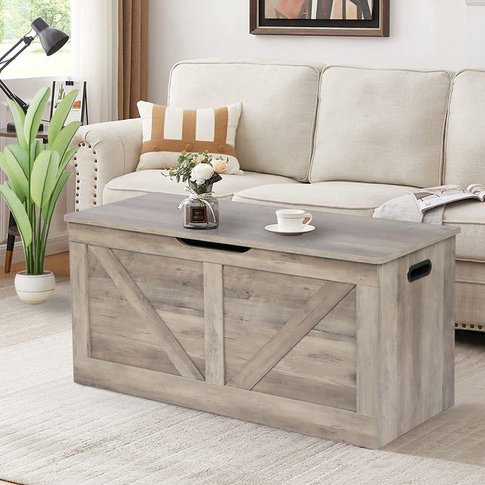 39.4" Storage Chest, Wooden Storage Bench, Large Storage Trunk with 2 Safety Hinges, Entryway Shoes Bench for Living Room, Bedroom, Grey