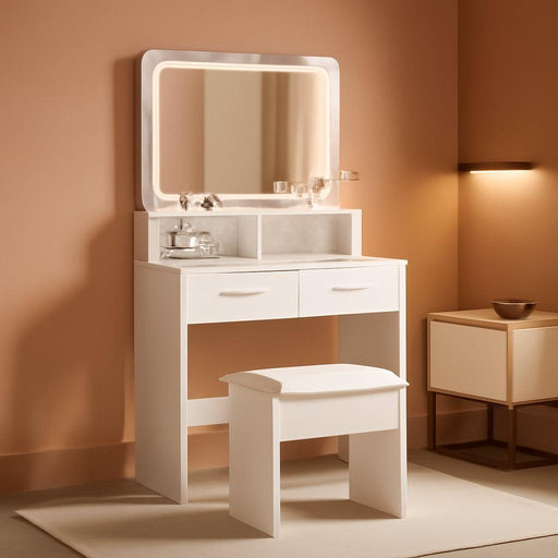 Vanity Desk with Mirror and Lights, 3 Color Modes Makeup Vanity with Cushioned Stool, 2 Drawers & Charging Station, Modern Dressing Table for Bedroom, Makeup Studio, White