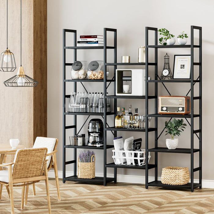 Industrial Black Triple Column Five Tier Bookshelf