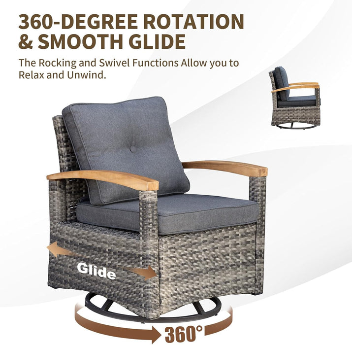 7 Pieces Patio Furniture Sets,Outdoor Rattan Furniture Conversation Sets with 2 Wood Armrests Swivel Rocker Chairs, 2 Ottoman, 2-Seat Sofa and Coffee Table(Grey)