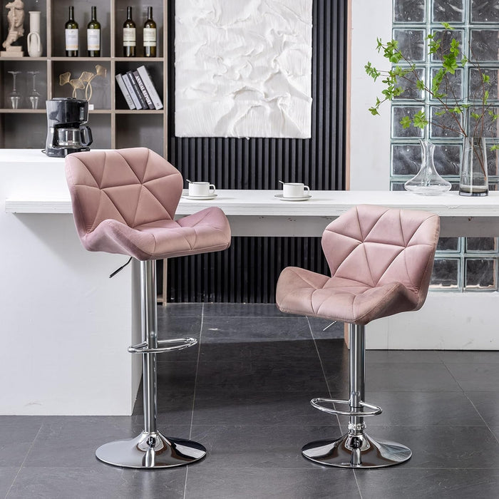 Breni Velvet Diamond Tufted Swivel Adjustable Height Barstools, Set of 2, Mauve