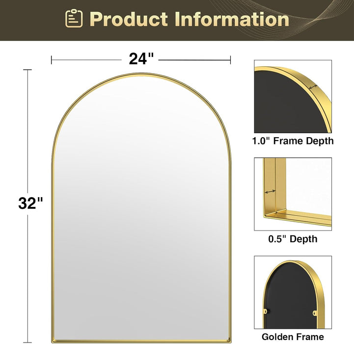 Gold Arched Mirror, 24 X 32 Inch Arch Wall Mirror, Brass Metal Frame Bathroom Mirror, Arched Top Bathroom Vanity Mirror for Living Room Bedroom Mantel Entryway Hallways