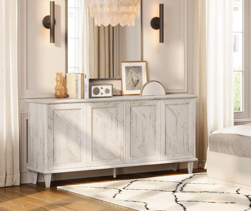 65" Modern Farmhouse TV Stand with Handcrafted Patchwork Doors for 55-75" Tvs, Entertainment Center Console with Cable Management, Adjustable Shelves Storage for Living Room, Pale Oak