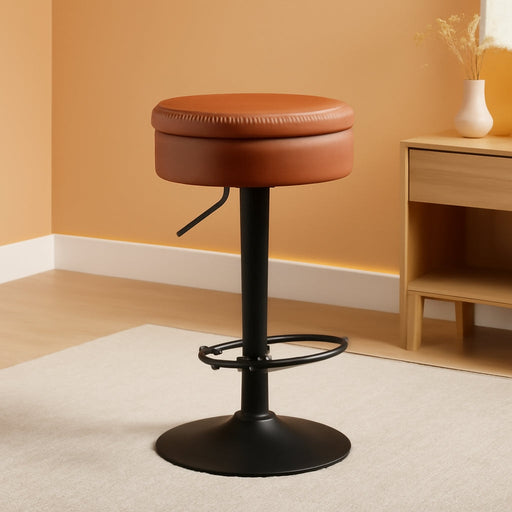 EKHO Collection - 360° Swivel Bar Stool, Height Adjustable Barstool with Storage, Synthetic Leather with Stitching, Mid-Century Modern, Kitchen Bar, Easy Assembly, Caramel Brown
