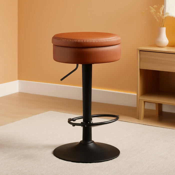 EKHO Collection - 360° Swivel Bar Stool, Height Adjustable Barstool with Storage, Synthetic Leather with Stitching, Mid-Century Modern, Kitchen Bar, Easy Assembly, Caramel Brown