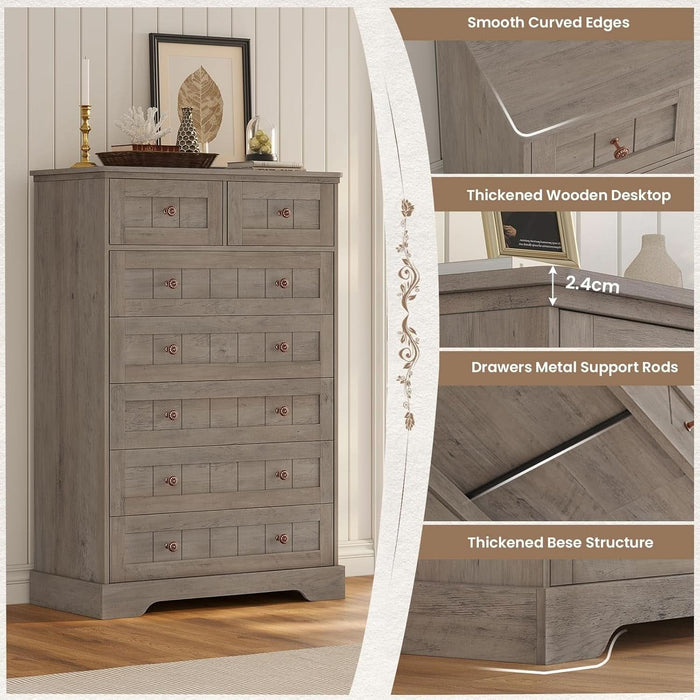Farmhouse Dresser for Bedroom, 7 Drawers Dresser, 51.4"Tall Dressers Chest of Drawers with Hand Carved Panel, Large Wood Closet Storage Organizer Rustic Dressers for Bedroom Living Room Hallway
