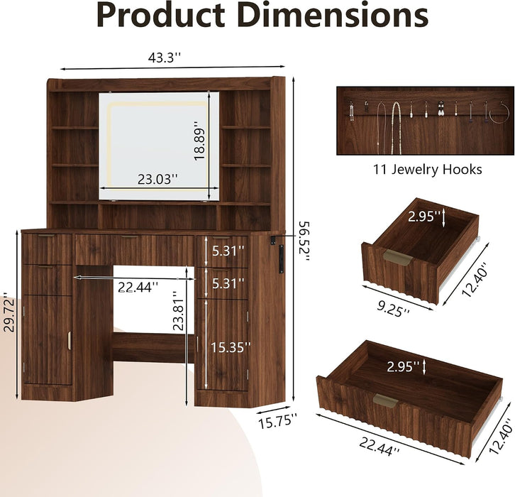 43.3" Fluted Vanity Desk with Mirror and Lights, Wood Makeup Vanity Desk with Charging Station & Mobile Mirror, Modern Dressing Table with Adjustable Shelves & Jewelry Hooks for Girls, Women, Walnut