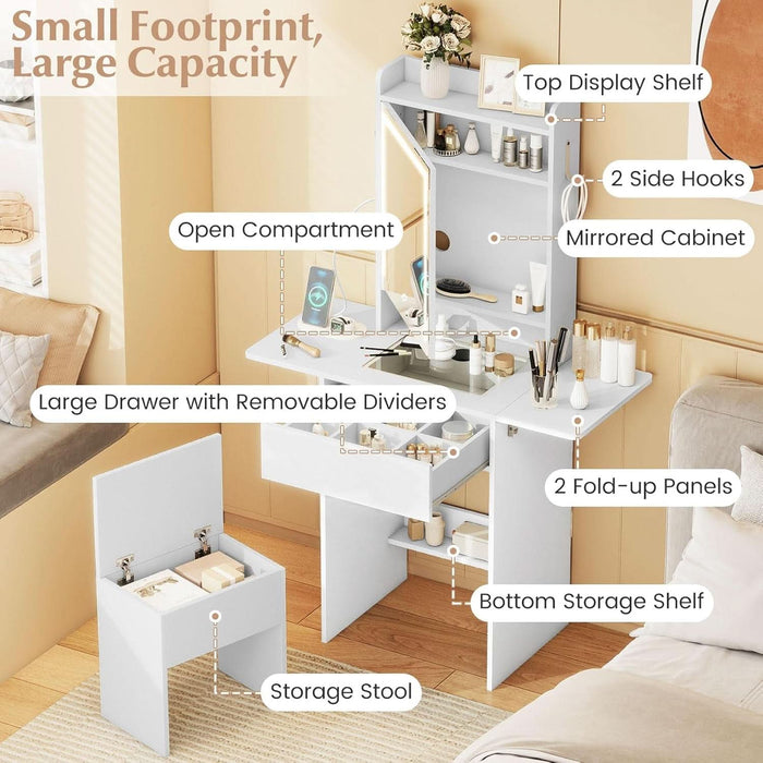 20'' Girls Vanity Desk with Lighted Mirror & Charging Station, Glass Top Makeup Table with Fold-Up Side Panels, Mirrored Cabinet, Drawer & Storage Stool for Bedroom Small Place (White)