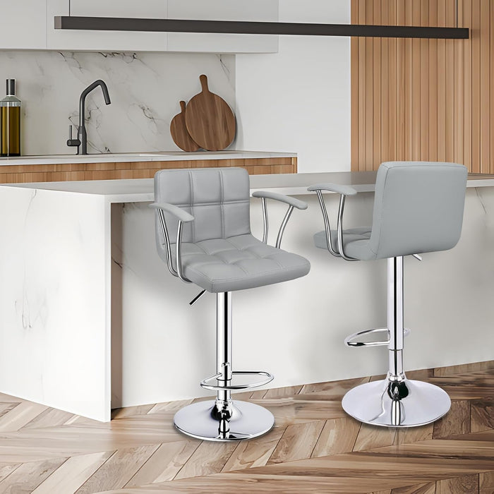 Bar Stools Set of 2,Armrest Adjustable Swivel Barstools with Back,Double Needle PU Leather Counter Height Bar Stools for Kitchen Island, Light Grey