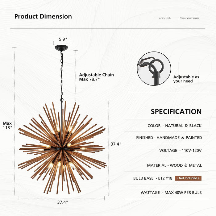 37.4" Farmhouse Sputnik Chandelier for Dining Room Rustic Handmade Natural Wood 18-Light Hanging Ceiling Pendant Light Fixture Starburst Wood Chandeliers for Kitchen Bedroom Foyer Hallway
