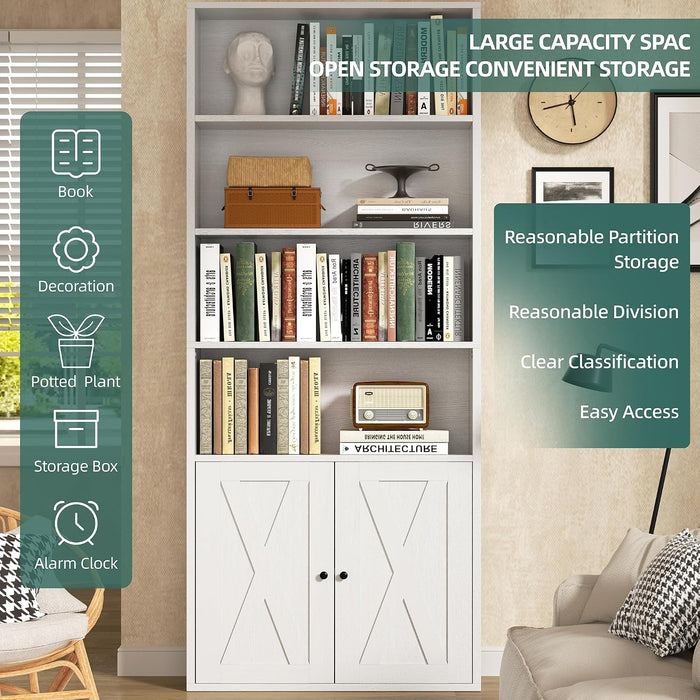 Bookshelf, Industrial Bookshelves and Bookcases with Doors Floor Standing 6 Shelf Display Storage Shelves 70.6 Inches Tall Bookcase for Home Office, Living Room (White)