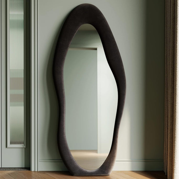 Full Length Mirror, 63" X 24" Wall Mirror, Flannel Wrapped Wooden Frame Floor Mirror, Irregular Wavy Mirror Hanging or Leaning against Wall for Cloakroom/Bedroom/Living Room, Black