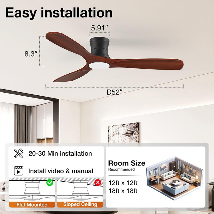 52 Inch Smart Low Profile Ceiling Fans with Lights Remote,Wood,Flush Mount