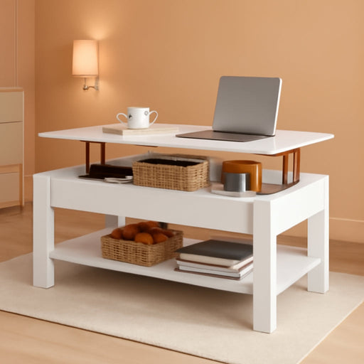 Lift Top Coffee Table with Hidden Compartment and Storage Shelf, Rising Tabletop Dining Table for Living Room Reception Room, 47.5In L, White