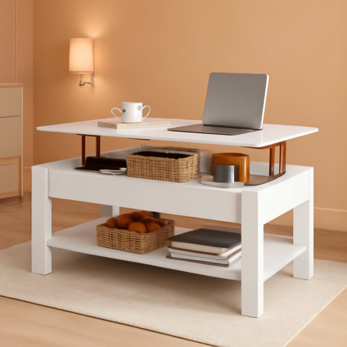 Lift Top Coffee Table with Hidden Compartment and Storage Shelf, Rising Tabletop Dining Table for Living Room Reception Room, 47.5In L, White
