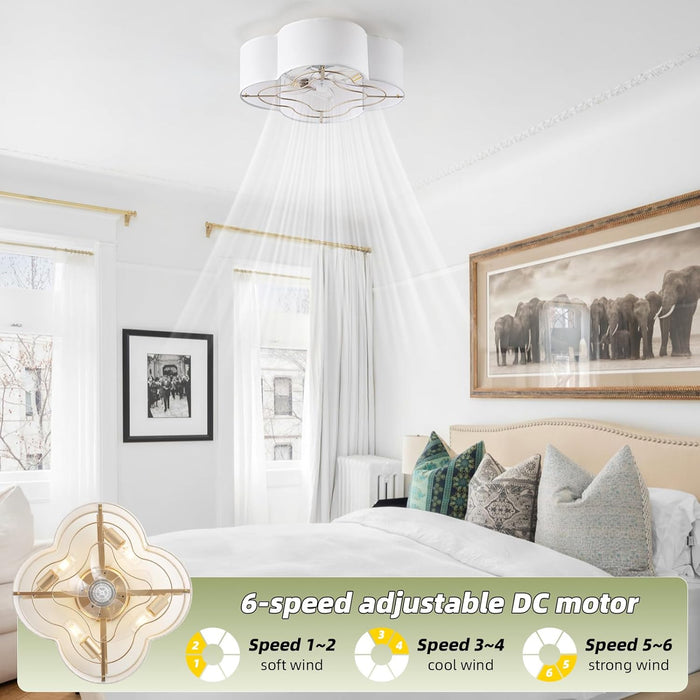 Caged Ceiling Fan with Light, Rattan Flush Mount Ceiling Fans with Lights Remote Control, Low Profile Fabric Enclosed with 6 Speeds for Bedroom, Living Room, Foyer, Nursery (White)