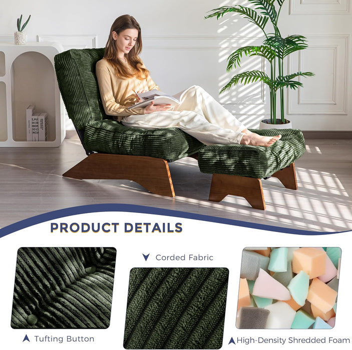 Accent Chair with Ottoman Adjustable Backrest, Tufted Living Room Chair Upholstered Lounge Chair with Footrest Set, Modern Chair Cozy Reclining Chair for Reading Room, Green