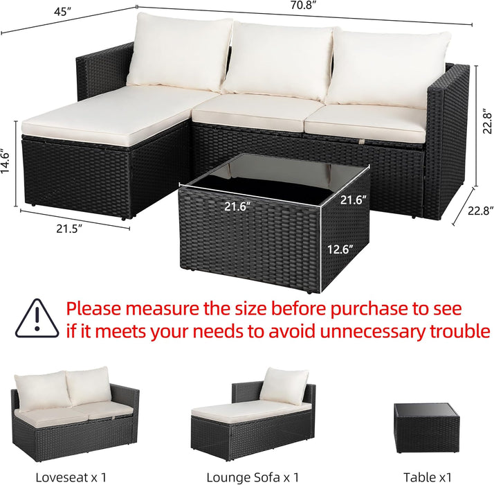 4 Pieces Patio Furniture Set, 2-In-1 Convertible Sectional Sofa & Chaise Lounge, All-Weather Wicker Rattan Sofa Couch with Cushions & Coffee Table for Yard, Garden, Porch, Poolside (Beige)