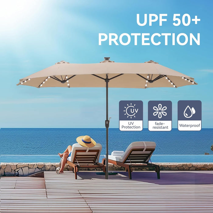 13Ft Outdoor Patio Umbrella with Solar Lights, 120 LED 12-Mode Large Double Sided Rectangular Table Umbrella, Heavy Duty Triple-Head Shade for Backyard Deck & Poolside, Beige (No Base)