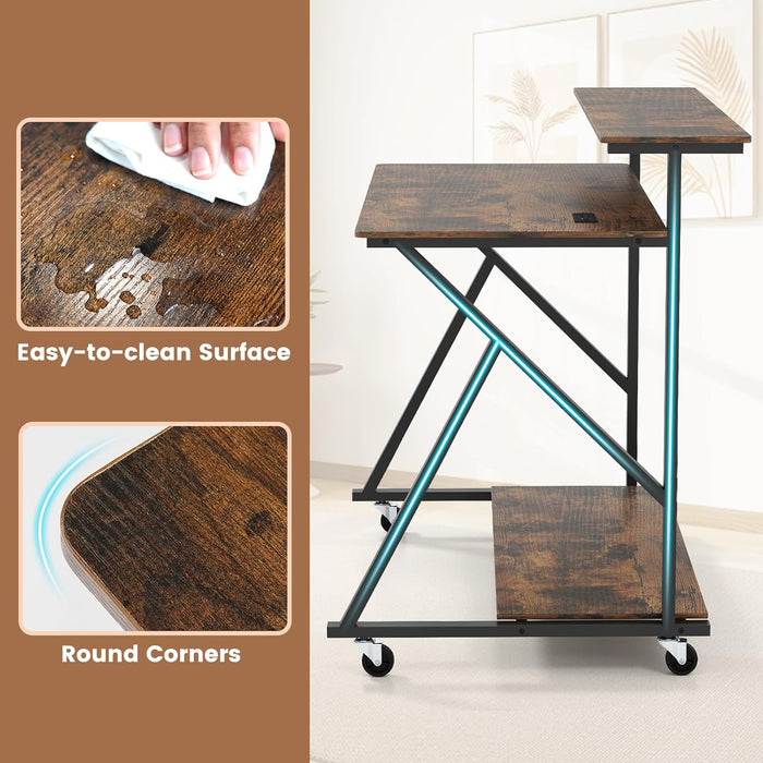 Rolling Computer Desk with Charging Station, Mobile Portable Laptop Desk with Monitor Stand & Storage Shelf, Small Desk with Lockable Wheels for Small Spaces, Home Office (Rustic Brown)