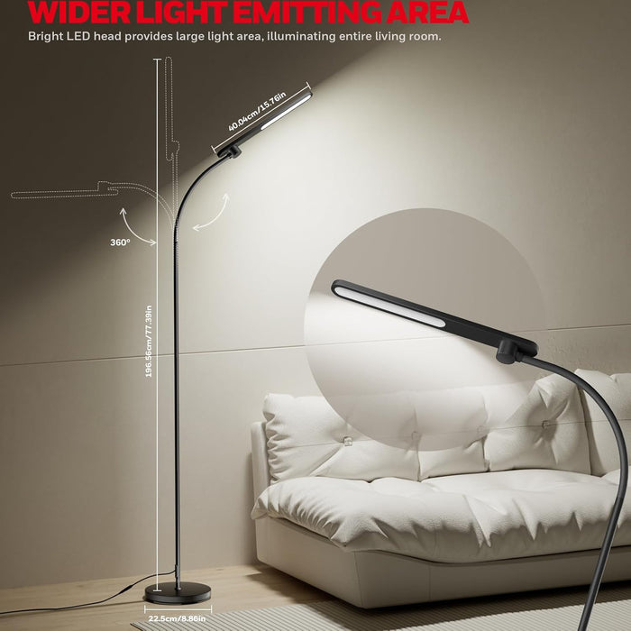 LED Floor Lamp for Reading, CRI97 Full Spectrum Eye-Caring Task Lamp, Stepless Dimmable 3000K-5000K Standing Lamp with Flexible Gooseneck, 77.5" Tall for Living Room, Bedroom, Office