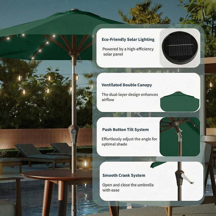 9FT Solar Umbrella 32 LED Lighted Patio Umbrella Table Market Umbrella W/Tilt and Crank, Uv-Resistant Outdoor Umbrella for Pool, Garden, Deck, Forest Green