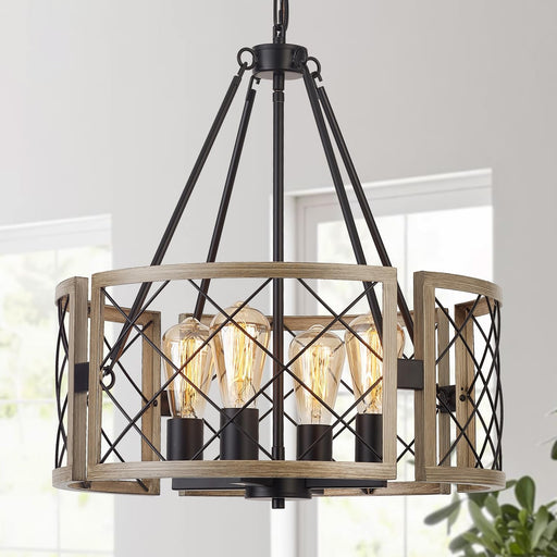 Modern Farmhouse Chandelier, Rustic 4-Light Dining Room Chandelier Light Fixture Kitchen Island Light, Adjustable Hanging Light for Bedroom Entryway Foyer Living Room, Grey Wood