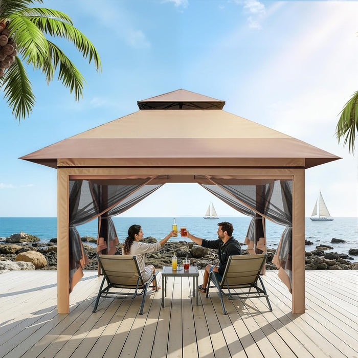 13X13 Pop up Gazebo, Instant Outdoor Gazebo with Mosquito Netting, Vented Roof and Carry Bag for Patio, Garden & Backyard - Beige & Coffee