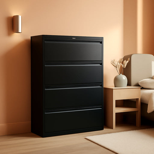 Commercial 4-Drawer Lateral File Cabinet, Letter/Legal Size, Lockable, 52.36" H X 36" W X 18.62" D, Black (60925/17454)