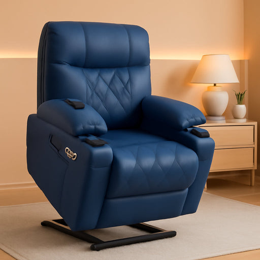 Small Size Electric Power Lift Recliner Chair Sofa with Massage and Dual Heating, Adjustable Headrest for Elderly People Petite, USB Ports, Faux Leather 7111 (Blue)