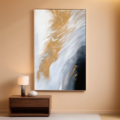 Hand-Painted Black and White Abstract Oil Painting on Canvas for Entrance-Hall, Framed Gold Wall Art for Living Room,Large 3D Wall Picture for Bedroom Kitchen Home Decoration 24X48Inch