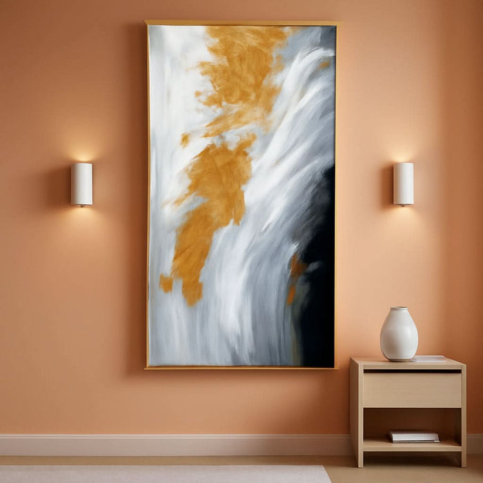 Large Hand-Painted Black and White Abstract Oil Painting on Canvas for Entrance-Hall, Framed Minimalist Wall Art for Living Room, Gold 3D Textured Office Wall Picture for Bedroom Kitchen Home Decoration 28X56Inch