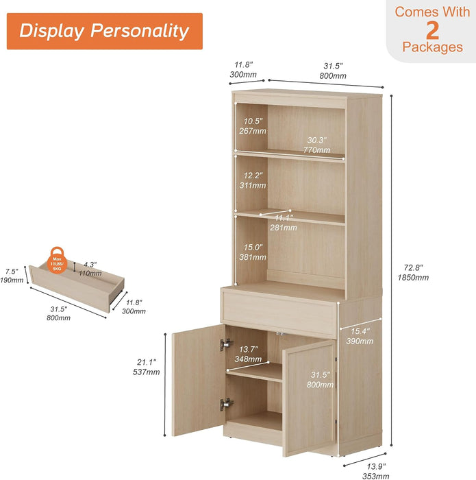Modern 72" Tall Bookshelf with Doors, Drawers & Adjustable Shelves, Library Bookcase with Storage Cabinet and Open Shelving, Wood Bookcase for Home Office, Living Room, Beige, 1 PC