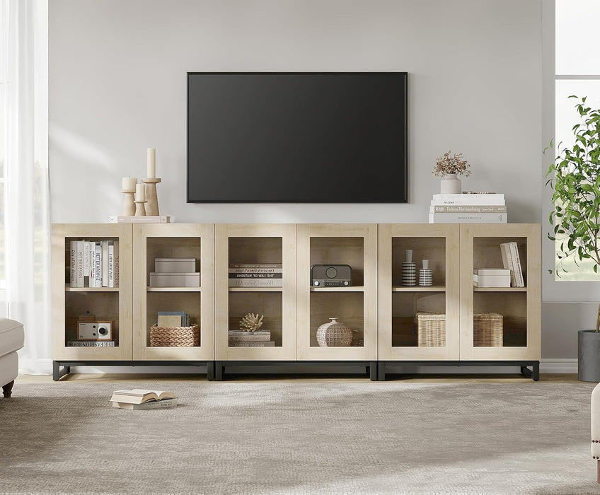 Modern TV Stand with Glass Doors for 110 Inch Tvs, 3 in 1 Entertainment Center Console with Adjustable Shelves and Metal Base for Living Room, Bedroom, Light Oak