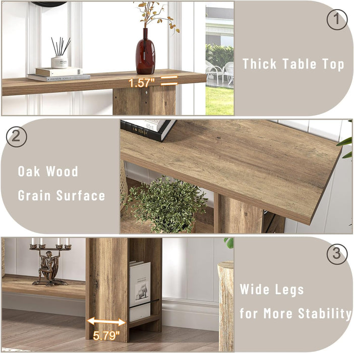 53 Inch Long Entryway Table, 2-Tier Wood Console Table with Storage Side Shelves, Farmhouse Sofa Table for Living Room, Narrow Hallway Foyer Table behind Couch for Home Decor, Rustic Oak
