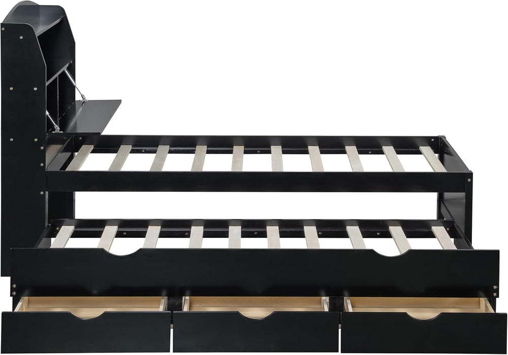 Twin Size Wooden Platform Bed with Trundle & LED Storage Headboard - 3 Drawers, Wood Twin Captain Bed with USB Outlets and Hidden Flip-Up Compartment for Kids Teens Boys Girls (Espresso)