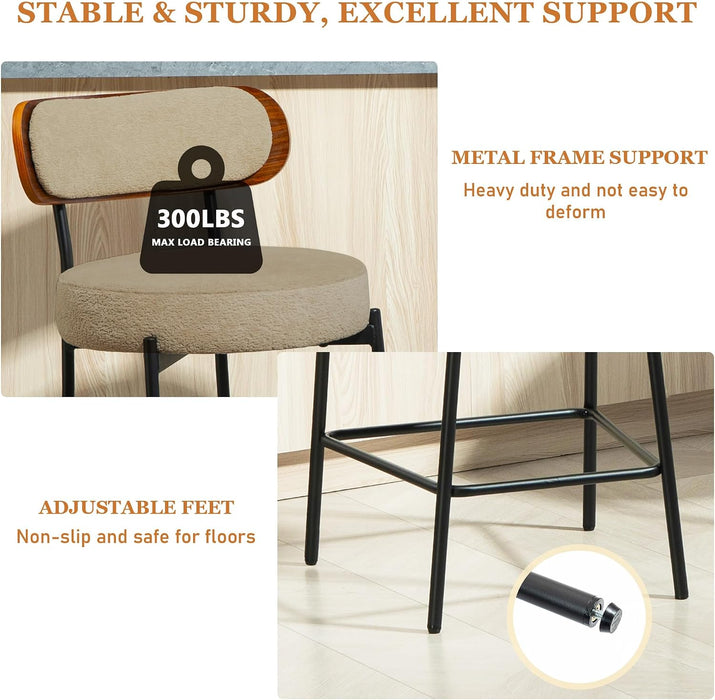 Bar Stools Set of 3 Boucle Seat Chair with Wood Back | 24 Inch,Upholstered,Metal Frame,Foot Rest,Light Brown,Mid Century Modern Barstools for Kitchen Island Dining Room